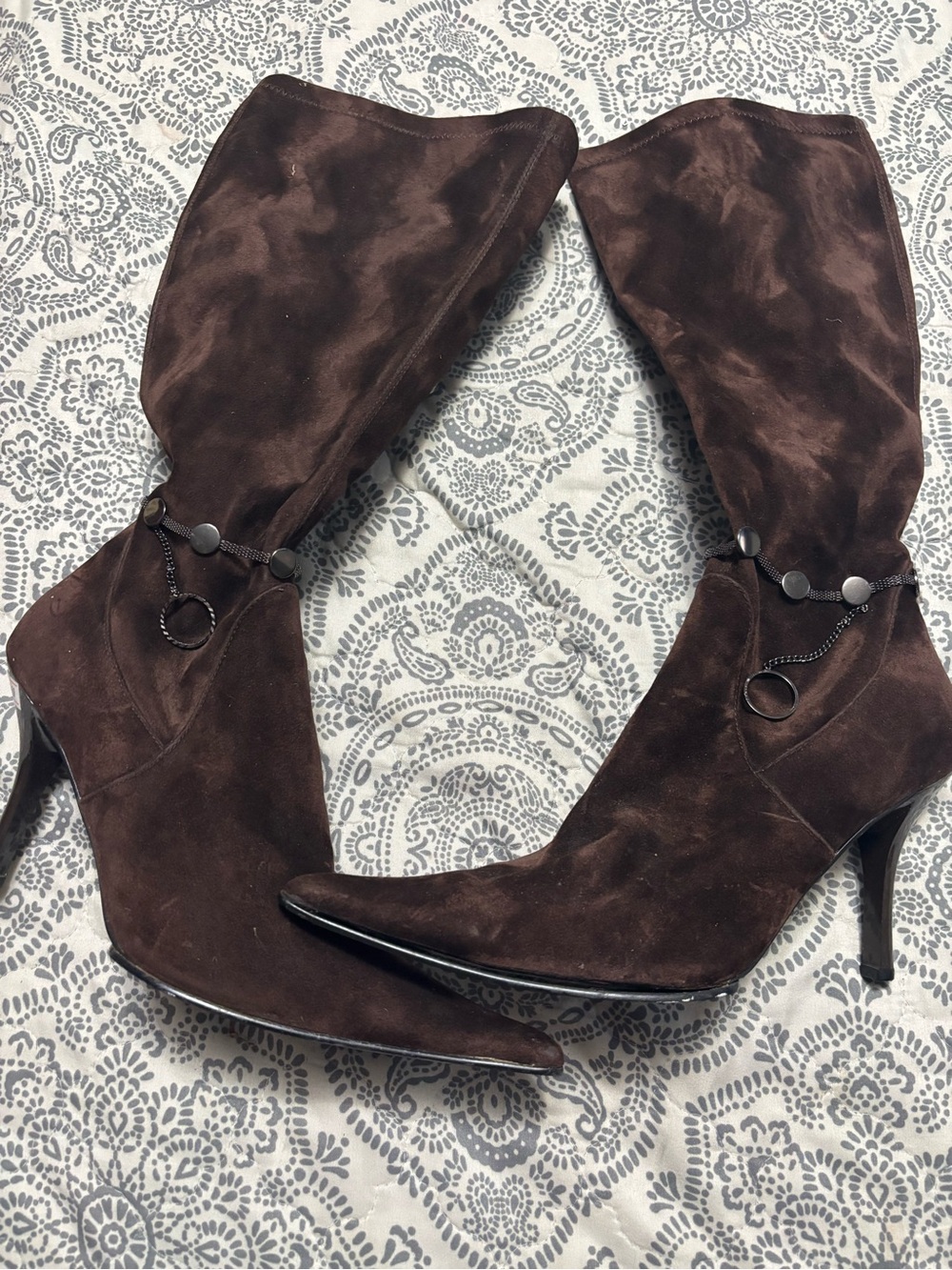 Brown Suede Mid-Calf Stiletto-Heel Boots with Decorative Rings